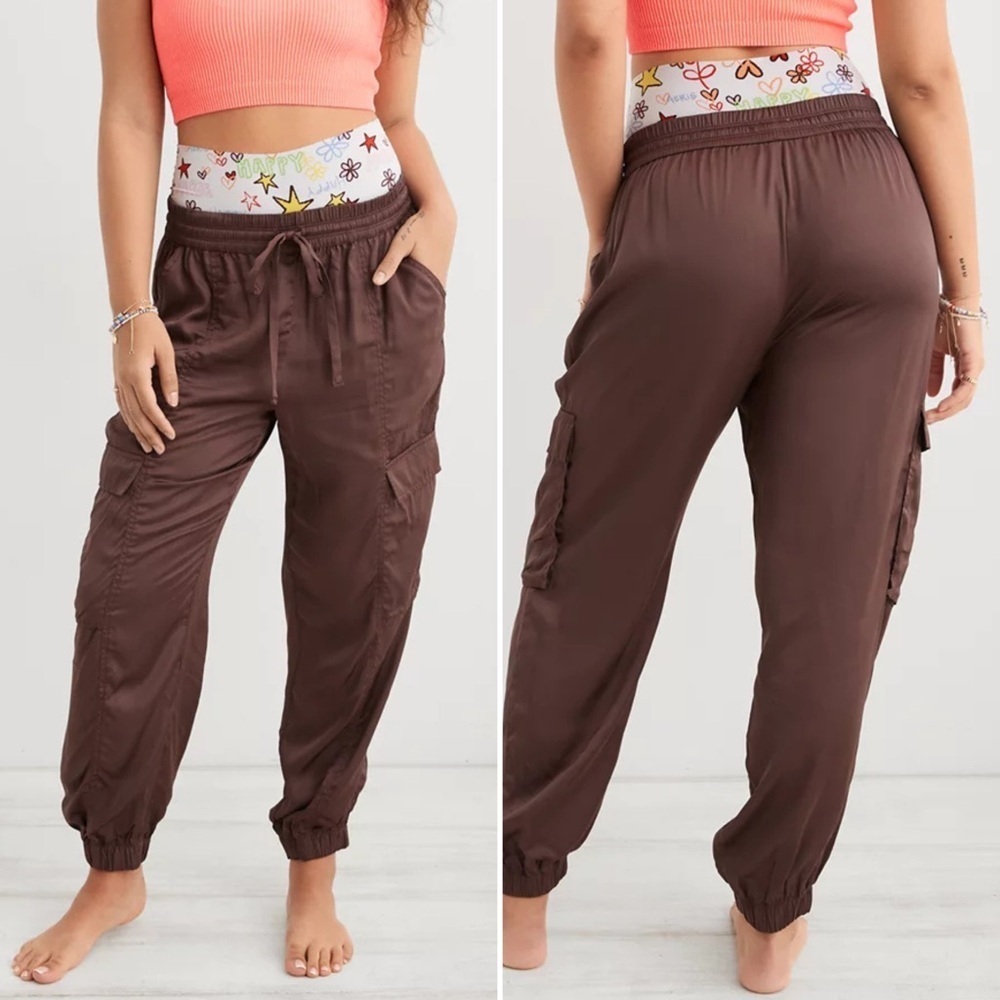 Aerie Brown Satin Cargo Jogger Pants Women’s Size Large